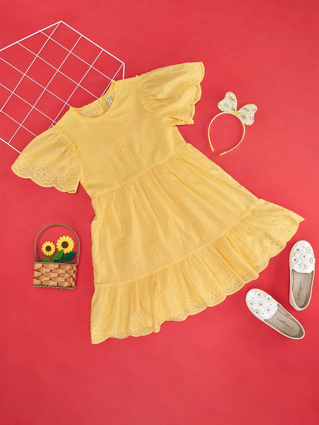 

Pantaloons Junior Kids Girls Floral Embroidered Cotton Fit And Flare Dress, Yellow
