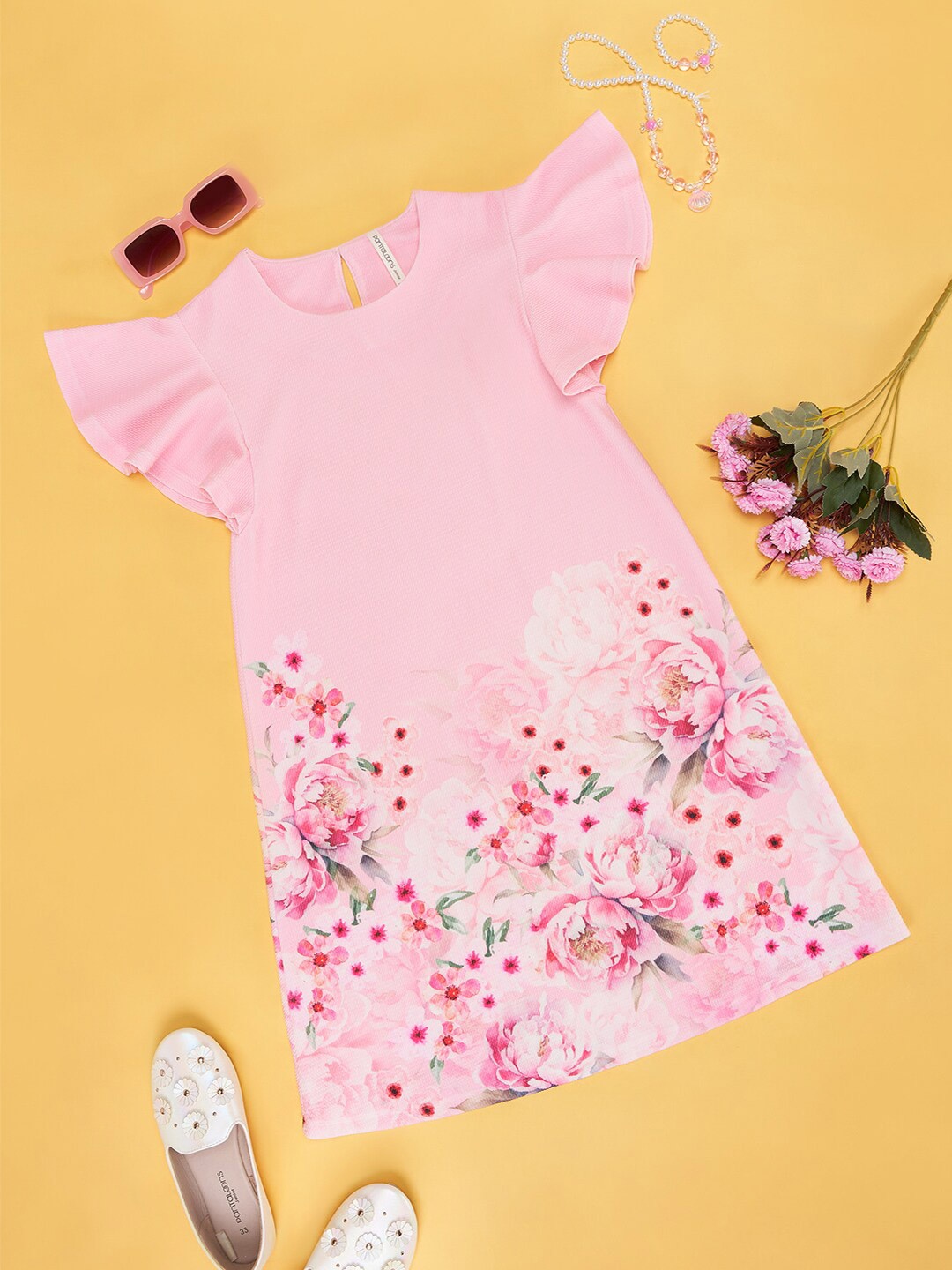 

Pantaloons Junior Kids-Girls Floral Printed Flutter Sleeves A Line Dress, Pink