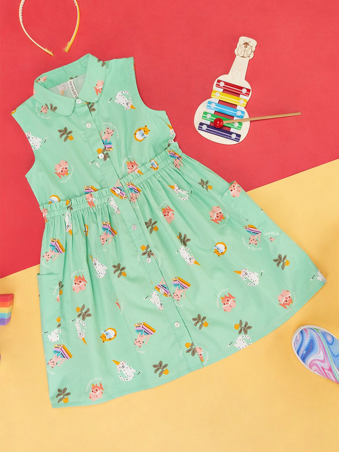 

Pantaloons Junior Kids Girls Conversational Printed Shirt Collar Cotton Fit & Flare Dress, Green