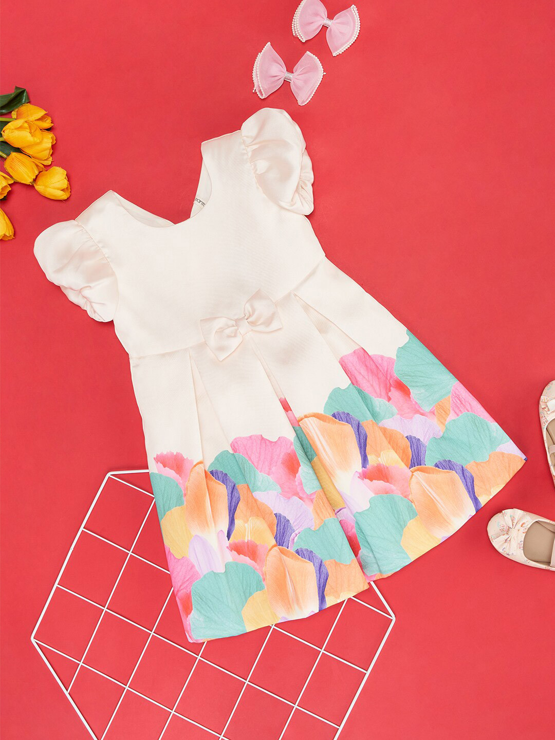 

Pantaloons Junior Girls Floral Print Round Neck Puff Sleeve A-Line Dress, Off white