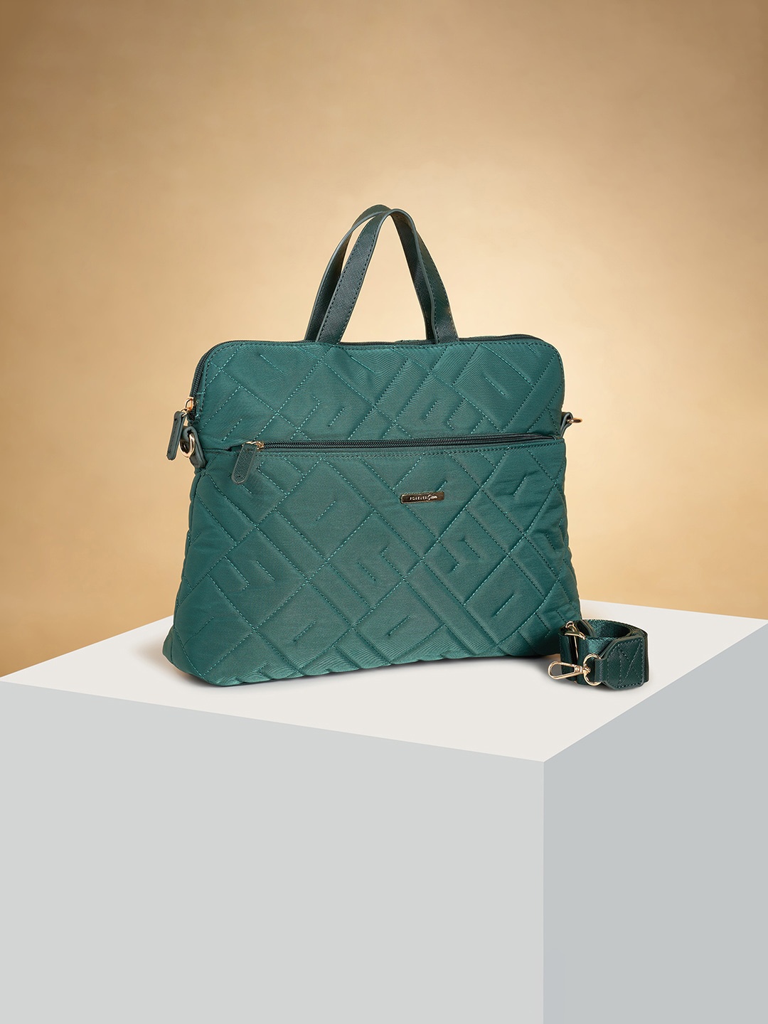 

Forever Glam by Pantaloons Geometric Textured Quilted Detailed Structured Handheld Bag, Green