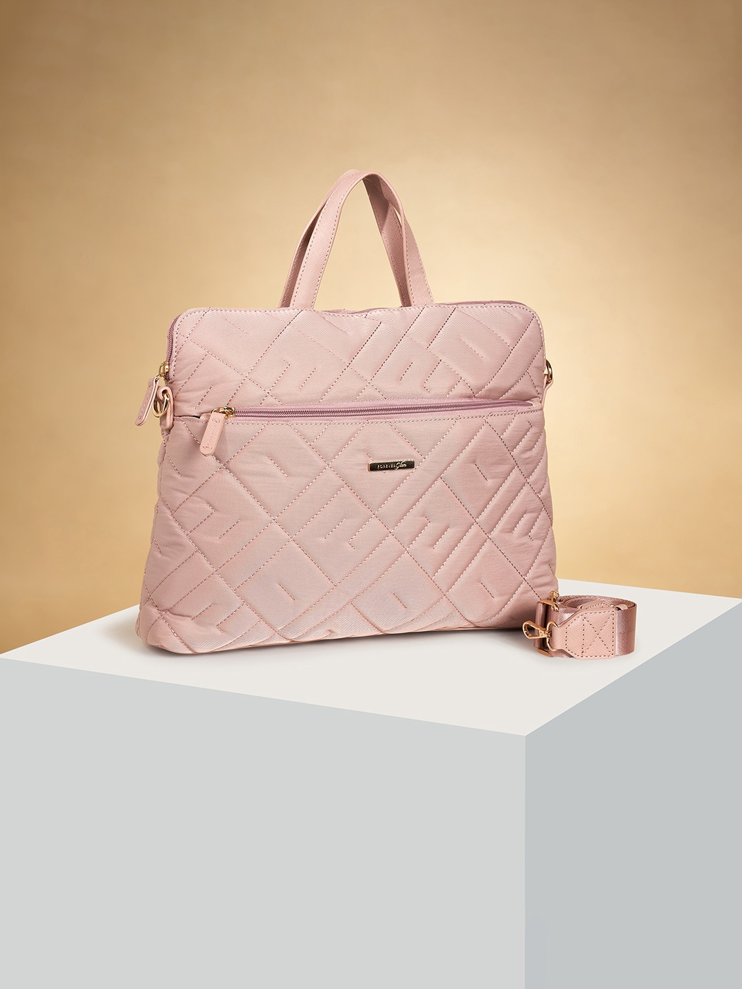 

Forever Glam by Pantaloons Geometric Textured Quilted Detailed Structured Handheld Bag, Pink