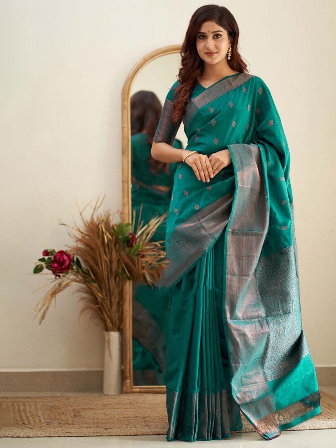 

Naishu Trendz Ethnic Motifs Woven Design Zari Pure Silk Kanjeevaram Saree, Teal