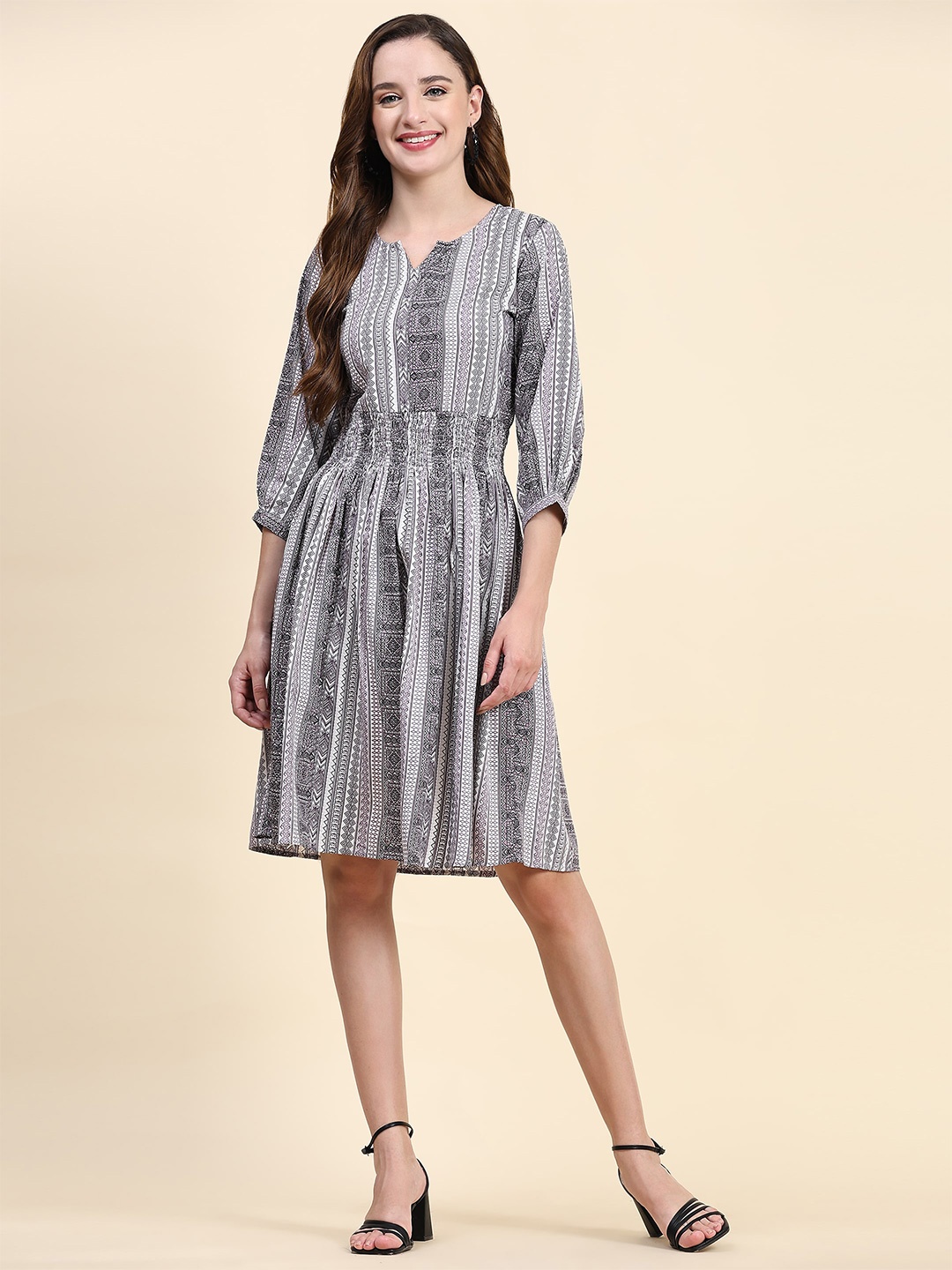 

BAESD Tribal Printed Notched Neck Puff Sleeve Crepe Fit & Flared Dress, Grey