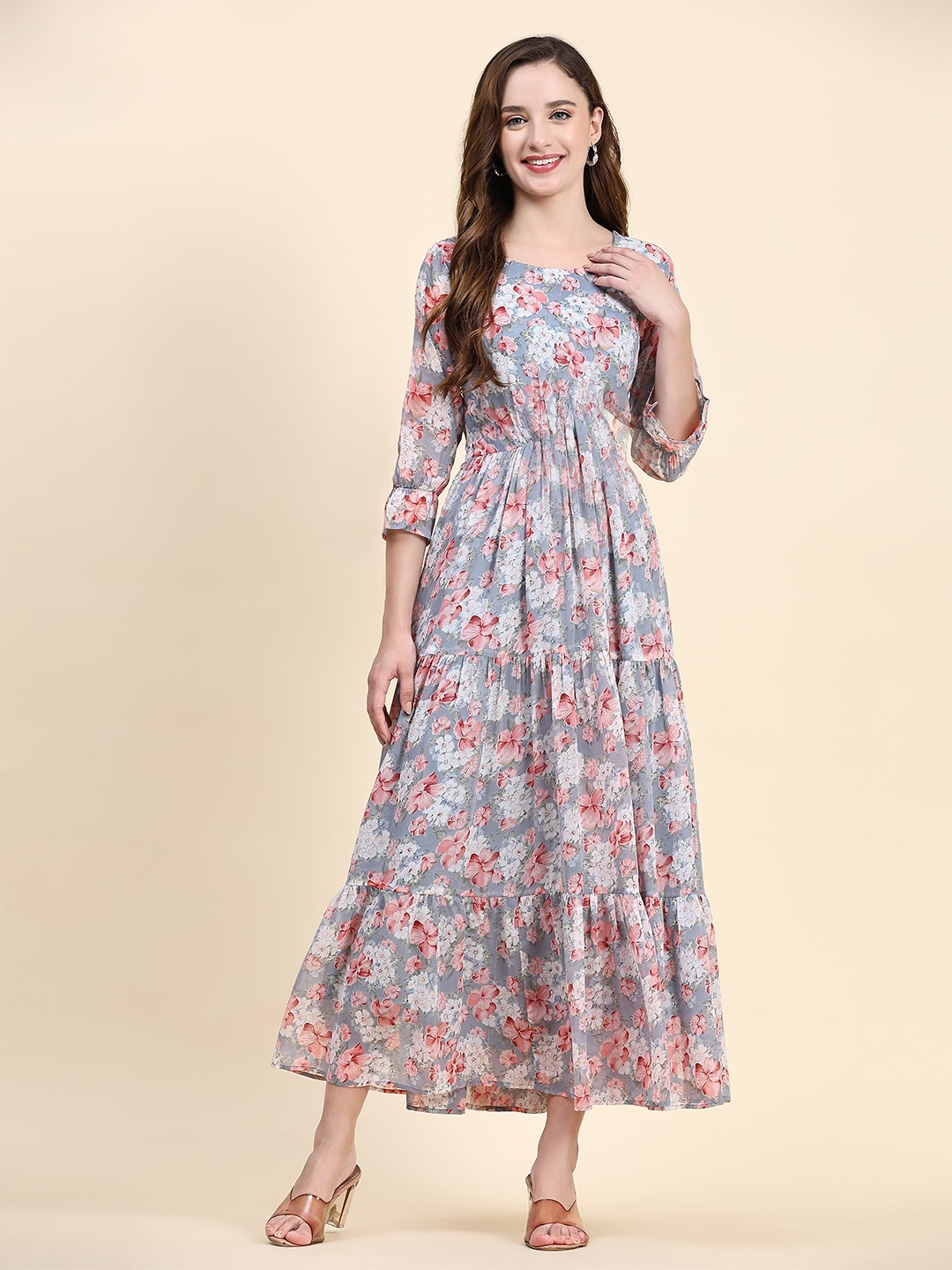 BAESD Floral Printed Round Neck Georgette Fit and Flare Dress, Grey