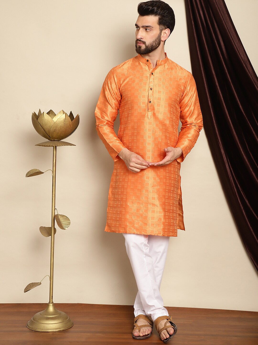 

Anouk Orange Geometric Self Design Mandarin Collar Straight Kurta With Churidar