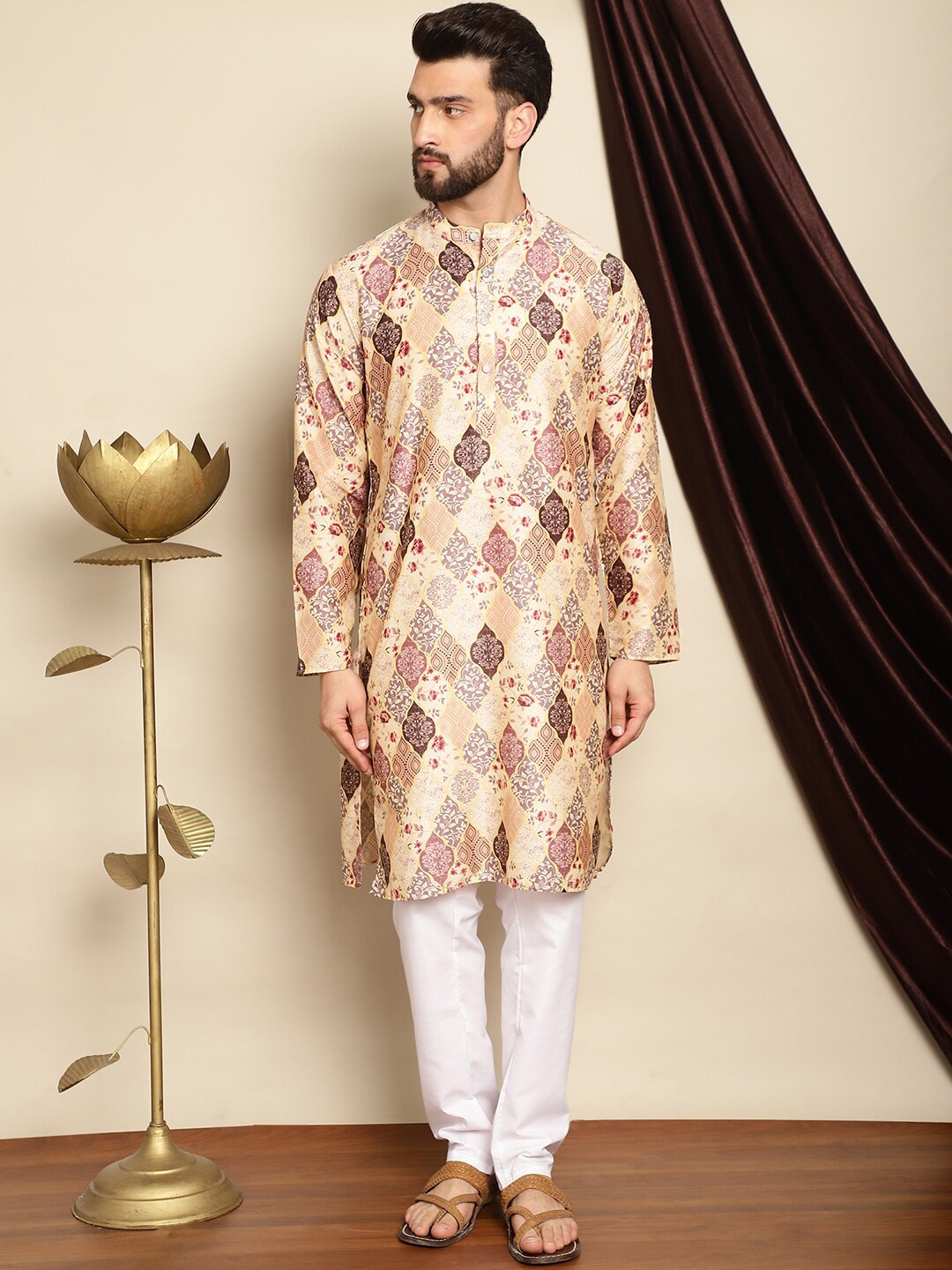 

Anouk Beige Ethnic Motifs Printed Mandarin Collar Straight Kurta With Churidar