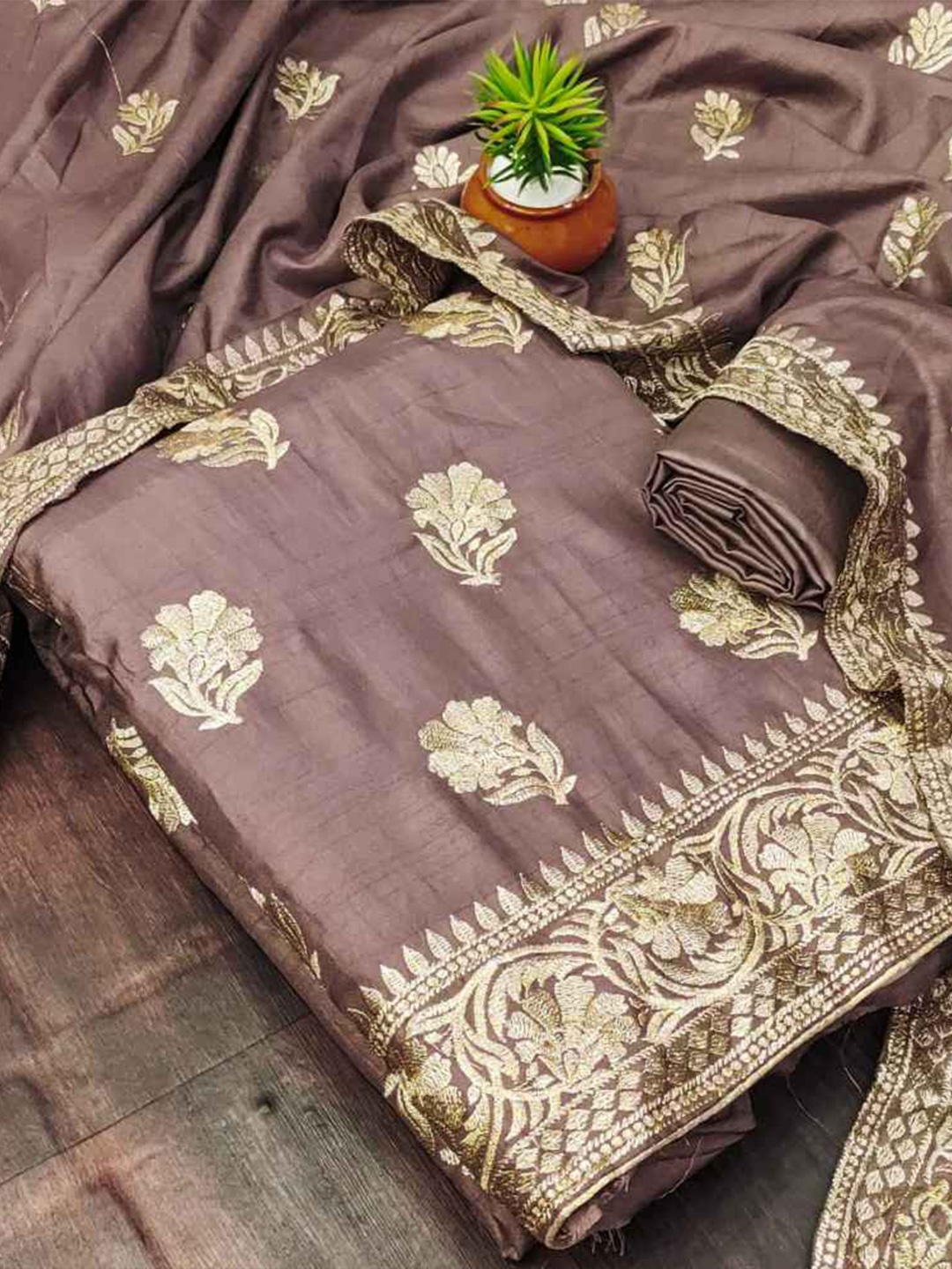 

faxofab Embroidered Pure Silk Unstitched Dress Material, Copper