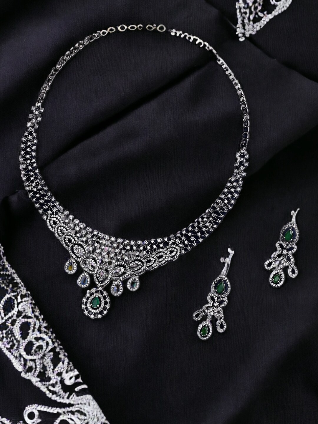 

ASMITTA JEWELLERY Rhodium-Plated AD-Studded Jewellery Set, Silver