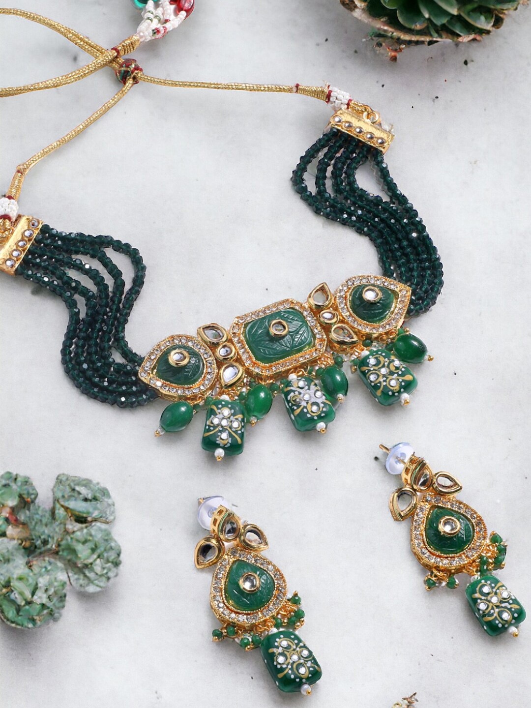 

ASMITTA JEWELLERY Gold-Plated Kundan Stone-Studded & Beaded Jewellery Set, Green