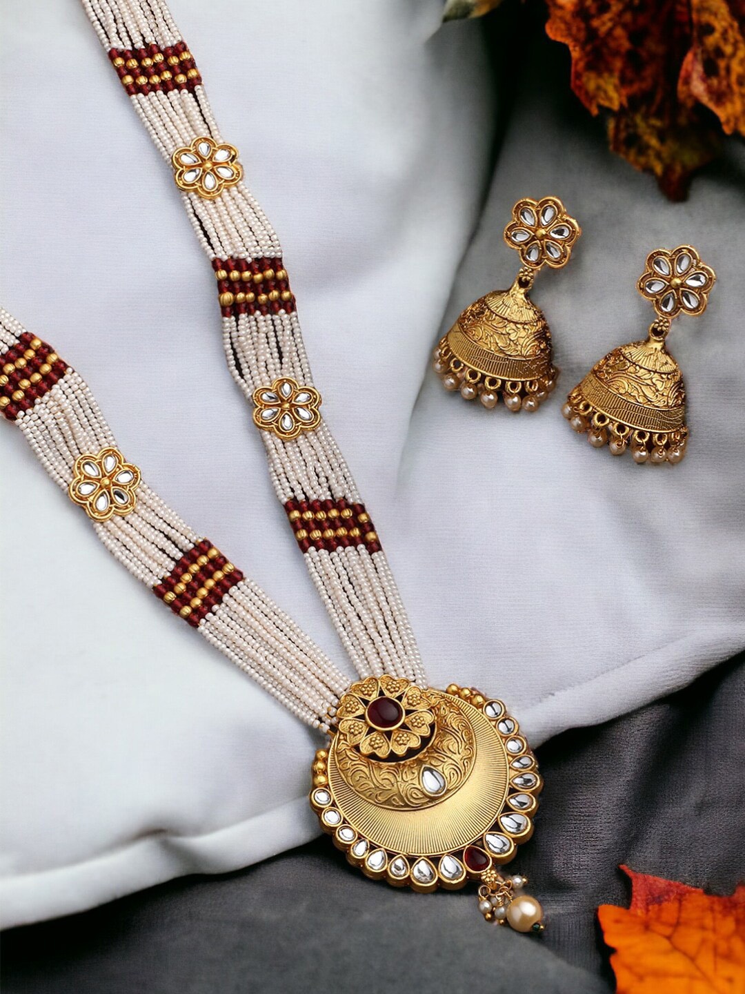 

ASMITTA JEWELLERY Gold Plated Stone-Studded & Beaded Necklace with Earrings