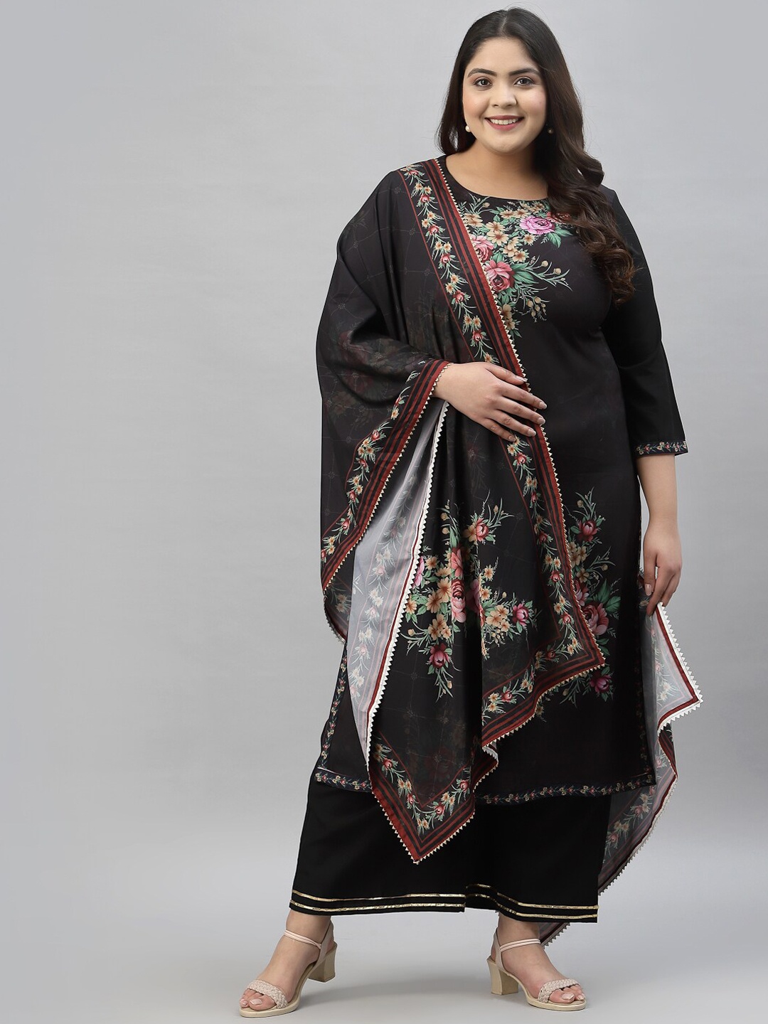 

Sztori Floral Printed Regular Kurta With Palazzos & Dupatta, Black