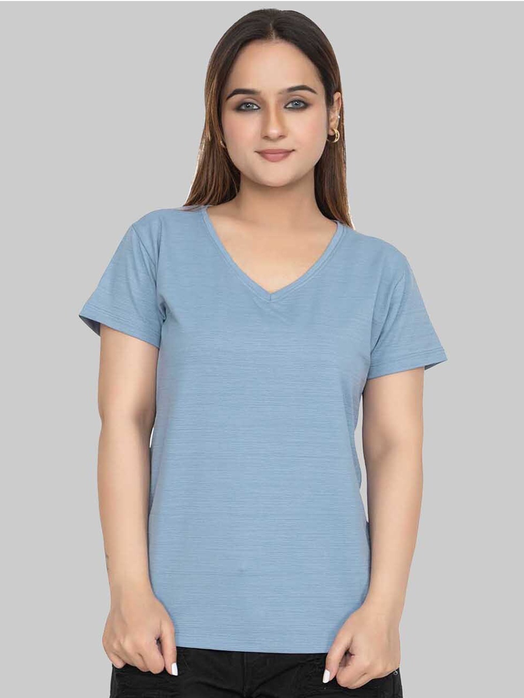 

Cheribell Short Sleeves V-Neck Cotton Lycra Tshirt, Blue