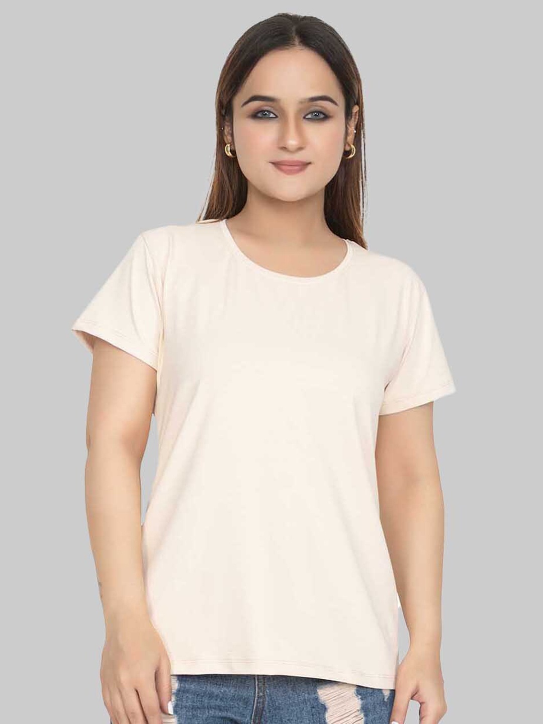 

Cheribell Round Neck Short Sleeves Cotton lycra Tshirt, Beige