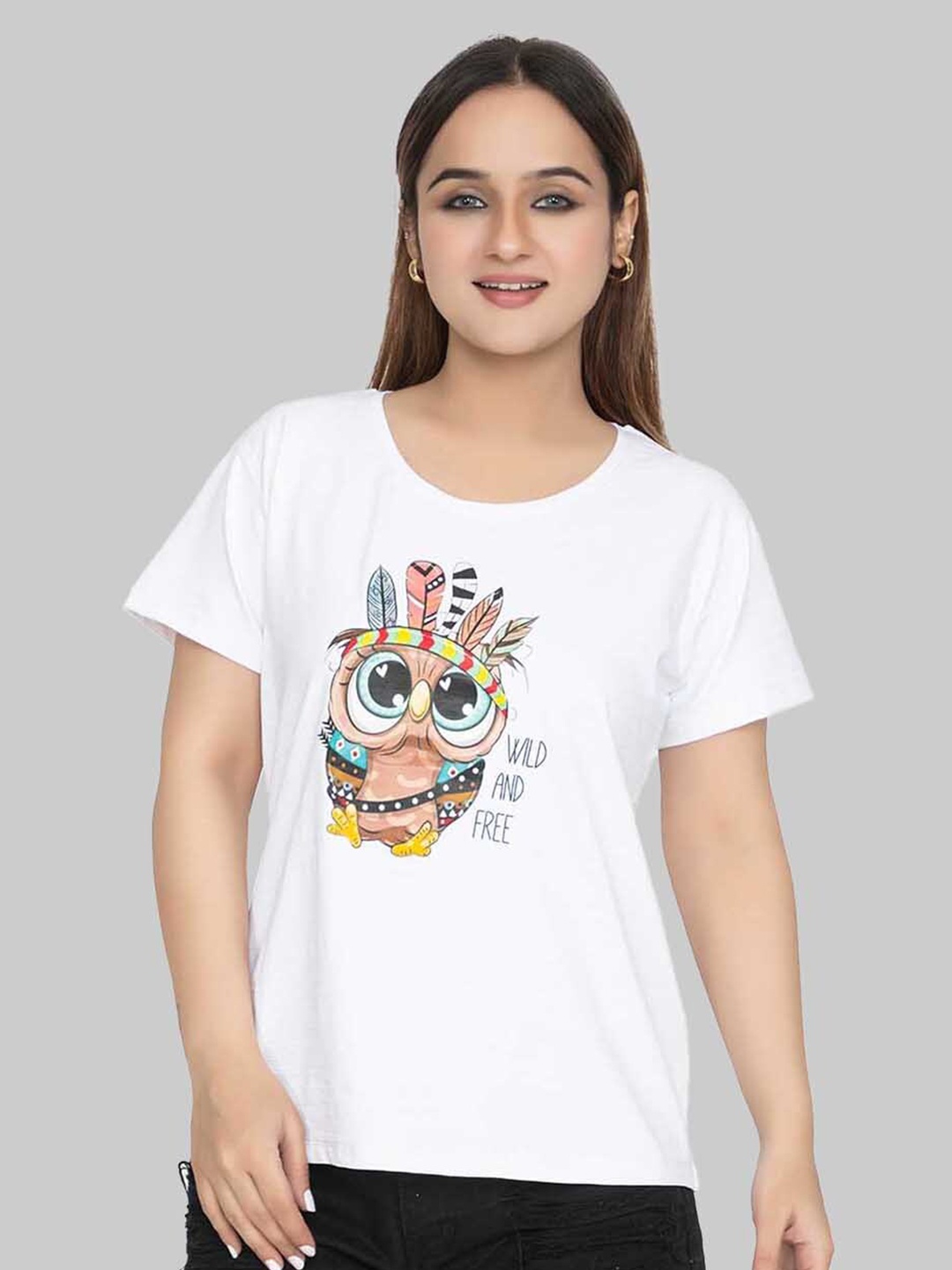 

Cheribell Round Neck Graphic Print Cotton Top, White