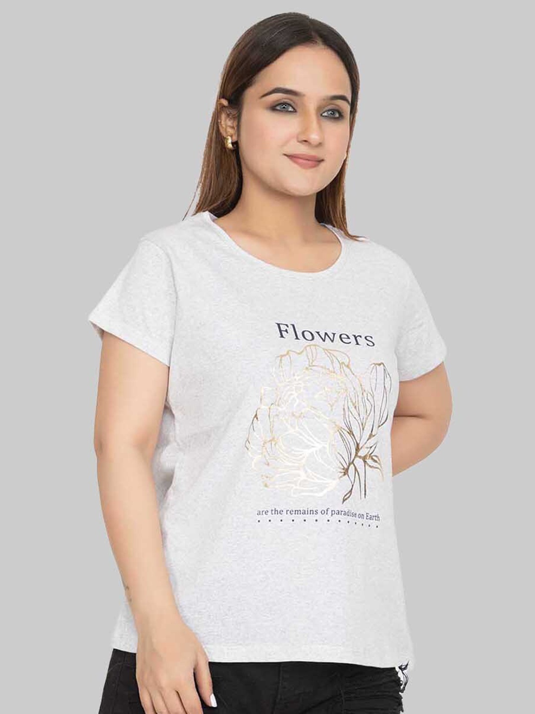 

Cheribell Round Neck Graphic Print Cotton Top, Grey