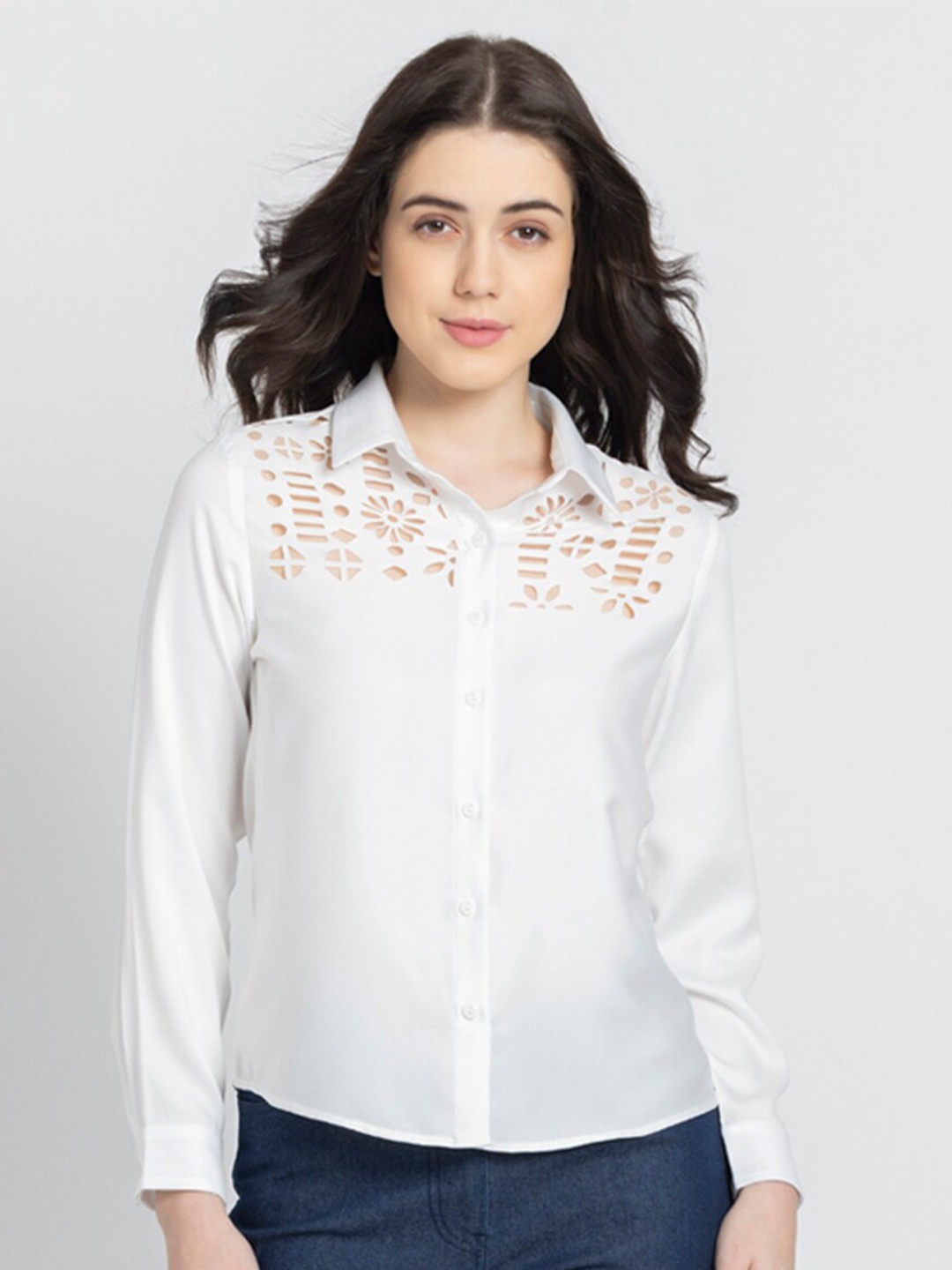 

SHAYE Smart Self Design Spread Collar Casual Shirt, White