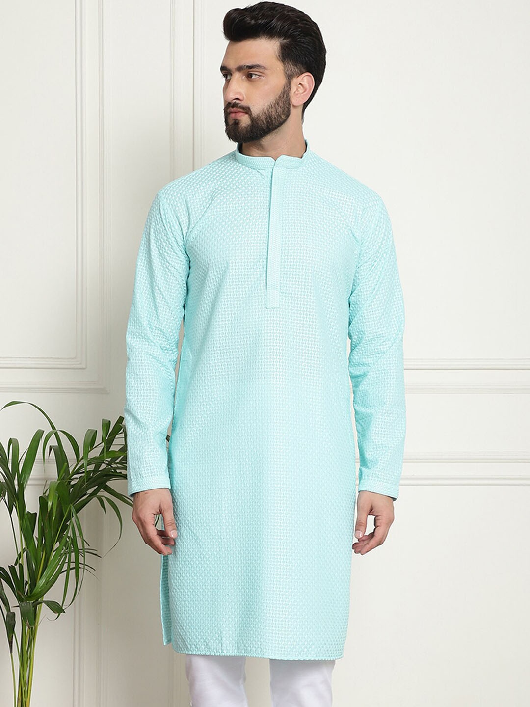 

SOJANYA Ethnic Motifs Embroidered Pure Cotton Kurta, Turquoise blue