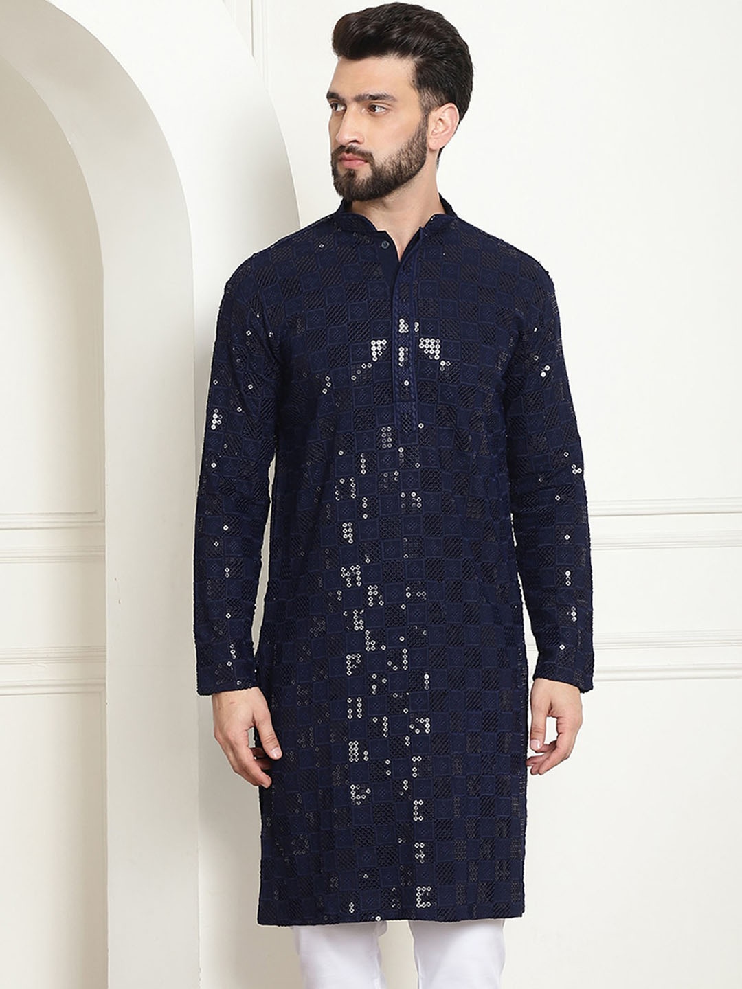 

SOJANYA Geometric Embroidered Sequinned Pure Cotton Kurta, Navy blue