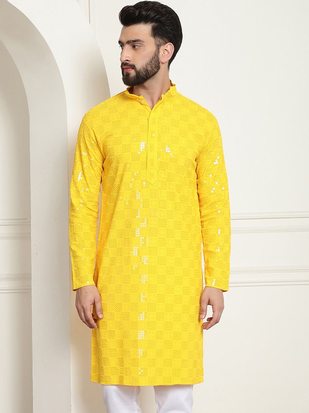 

SOJANYA Geometric Embroidered Sequinned Pure Cotton Kurta, Mustard