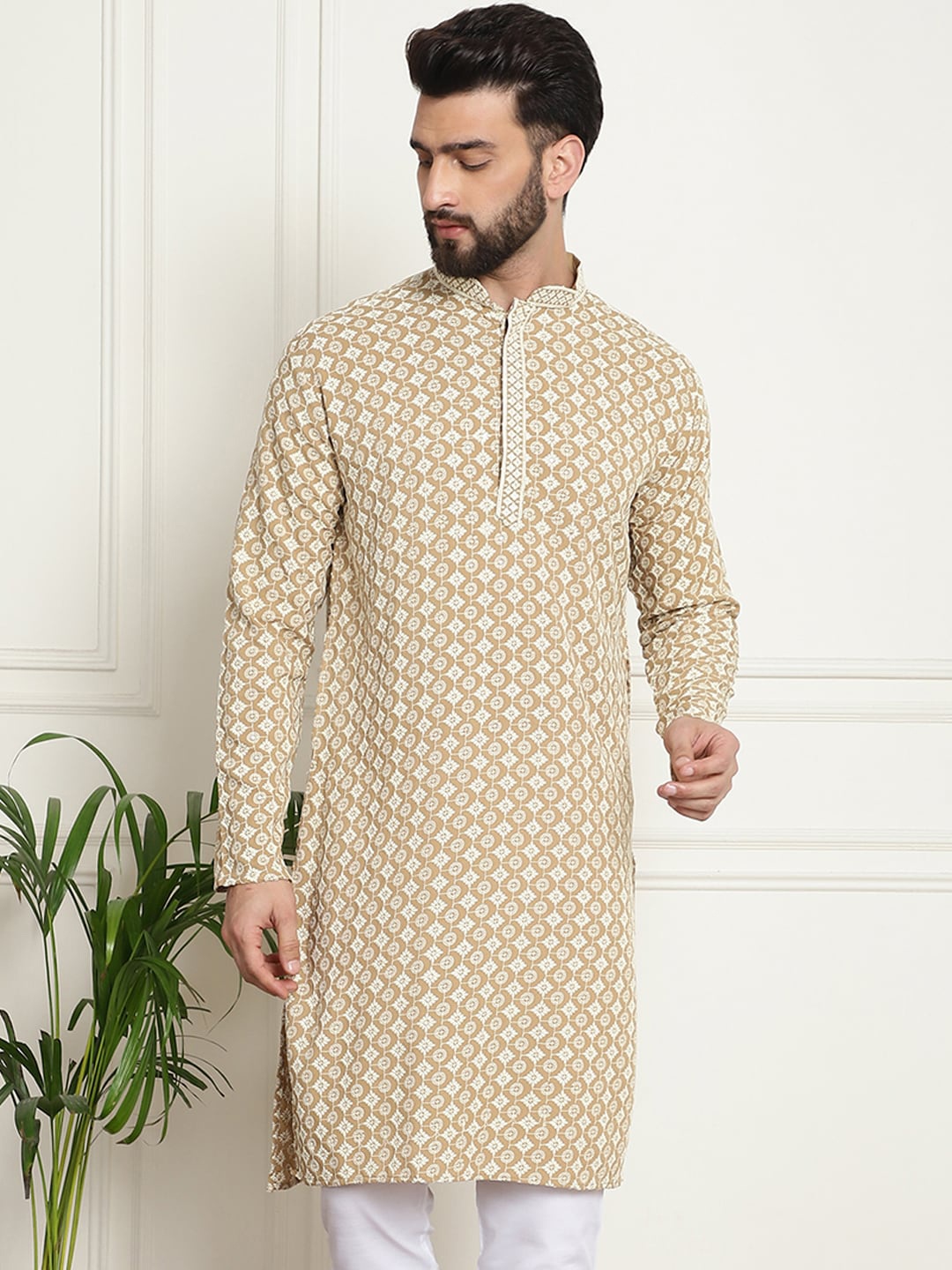 SOJANYA Ethnic Motifs Embroidered Pure Cotton Kurta, Beige