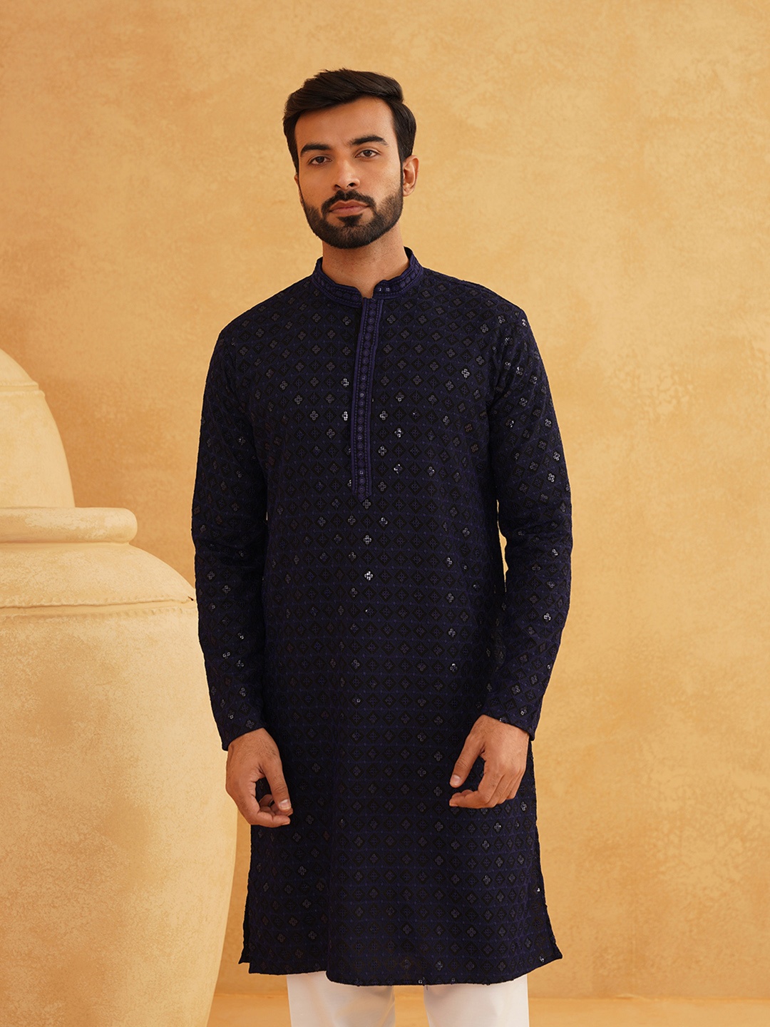 

SOJANYA Ethnic Motifs Embroidered Mandarin Collar Sequined Pure Cotton Straight Kurta, Navy blue