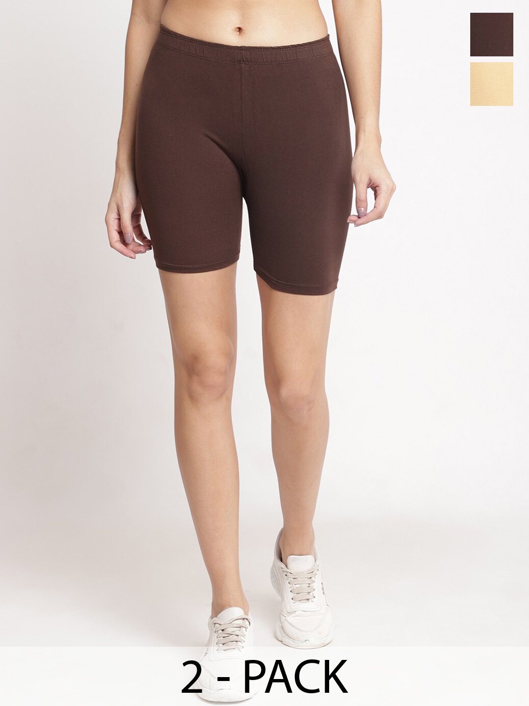 GRACIT Women Pack Of 2 Skinny Fit Cycling Sports Shorts, Beige