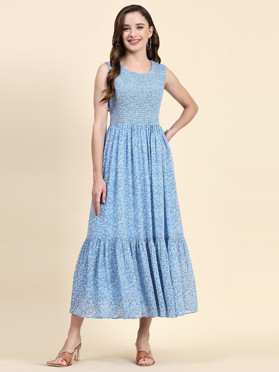 BAESD Floral Printed Round Neck Georgette Maxi Midi Dress, Blue