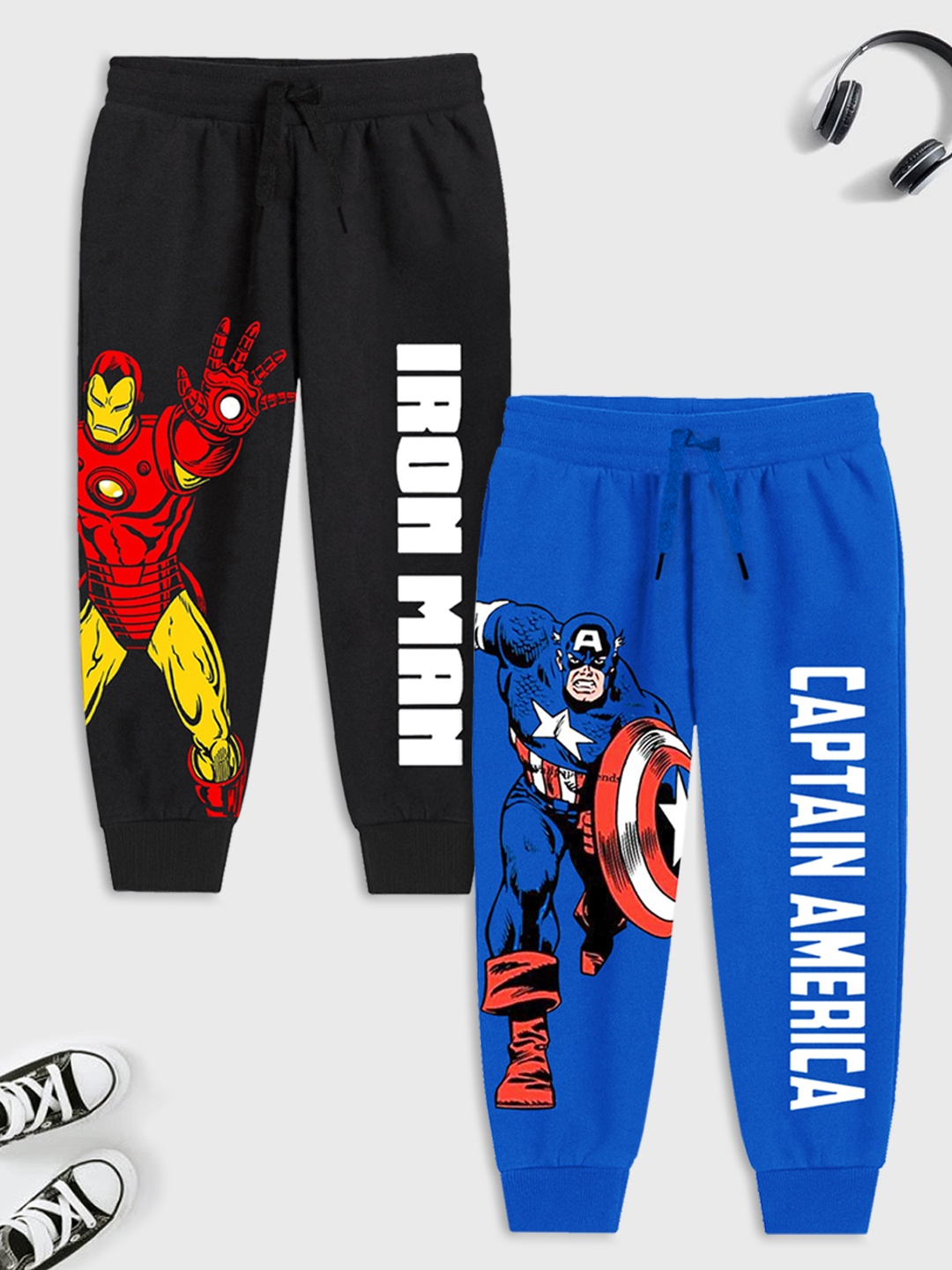 

YK Marvel Kids Pack Of 2 Avengers Printed Mid-Rise Cotton Joggers, Blue