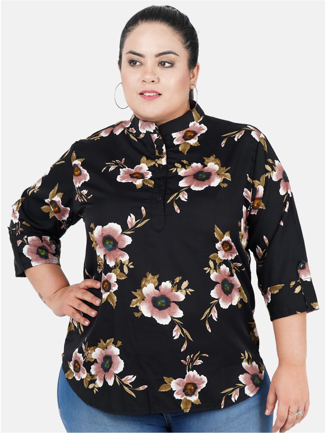 

Indietoga Plus Size Floral Print Tunic Top, Black