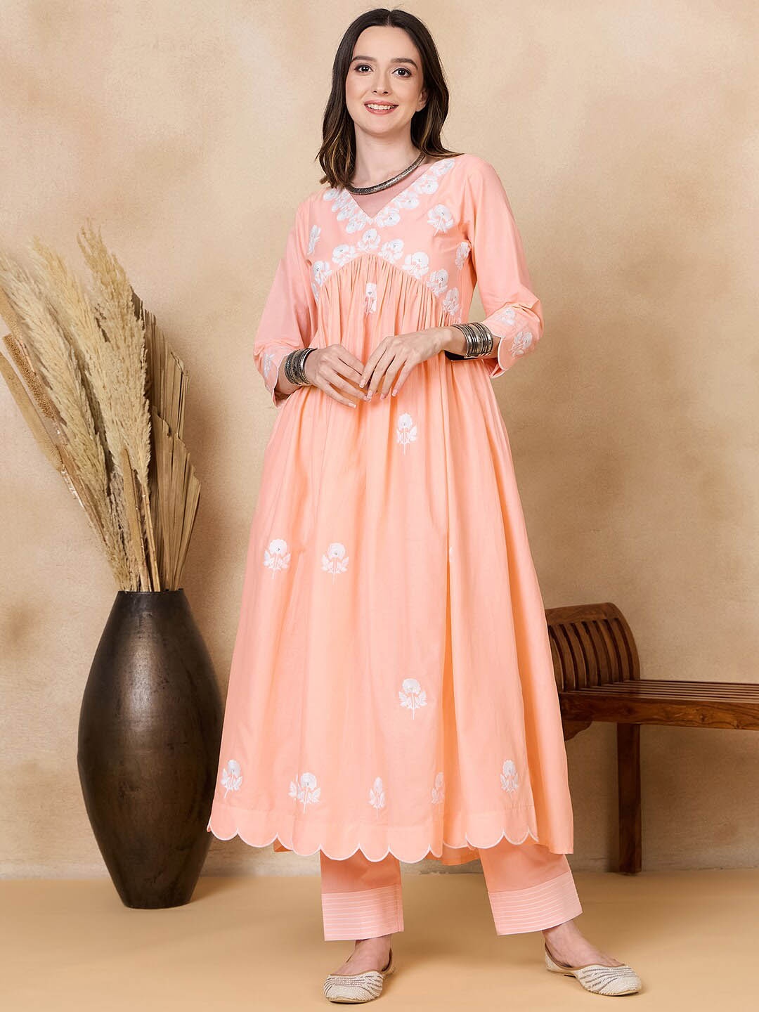 

BLACK SCISSOR Floral Embroidered Regular Sequinned Pure Cotton Kurta With Trousers, Peach