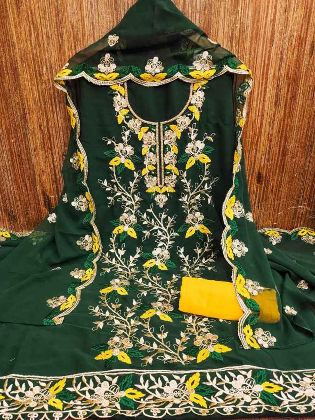 

faxofab Embroidered Silk Chiffon Unstitched Dress Material, Green