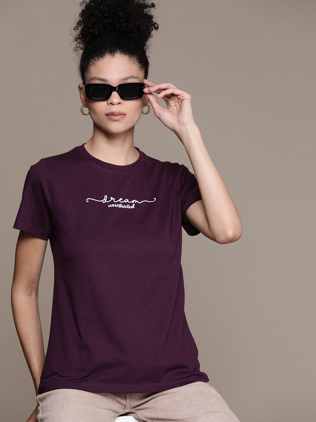

Roadster Women Typography Printed Pure Cotton T-shirt, Purple