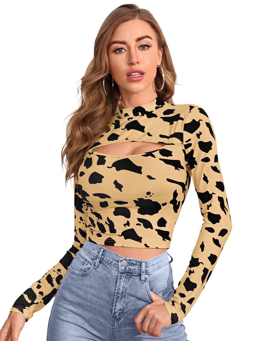 

SANJANA SILK Animal Printed High Neck Fitted Crop Top, Cream