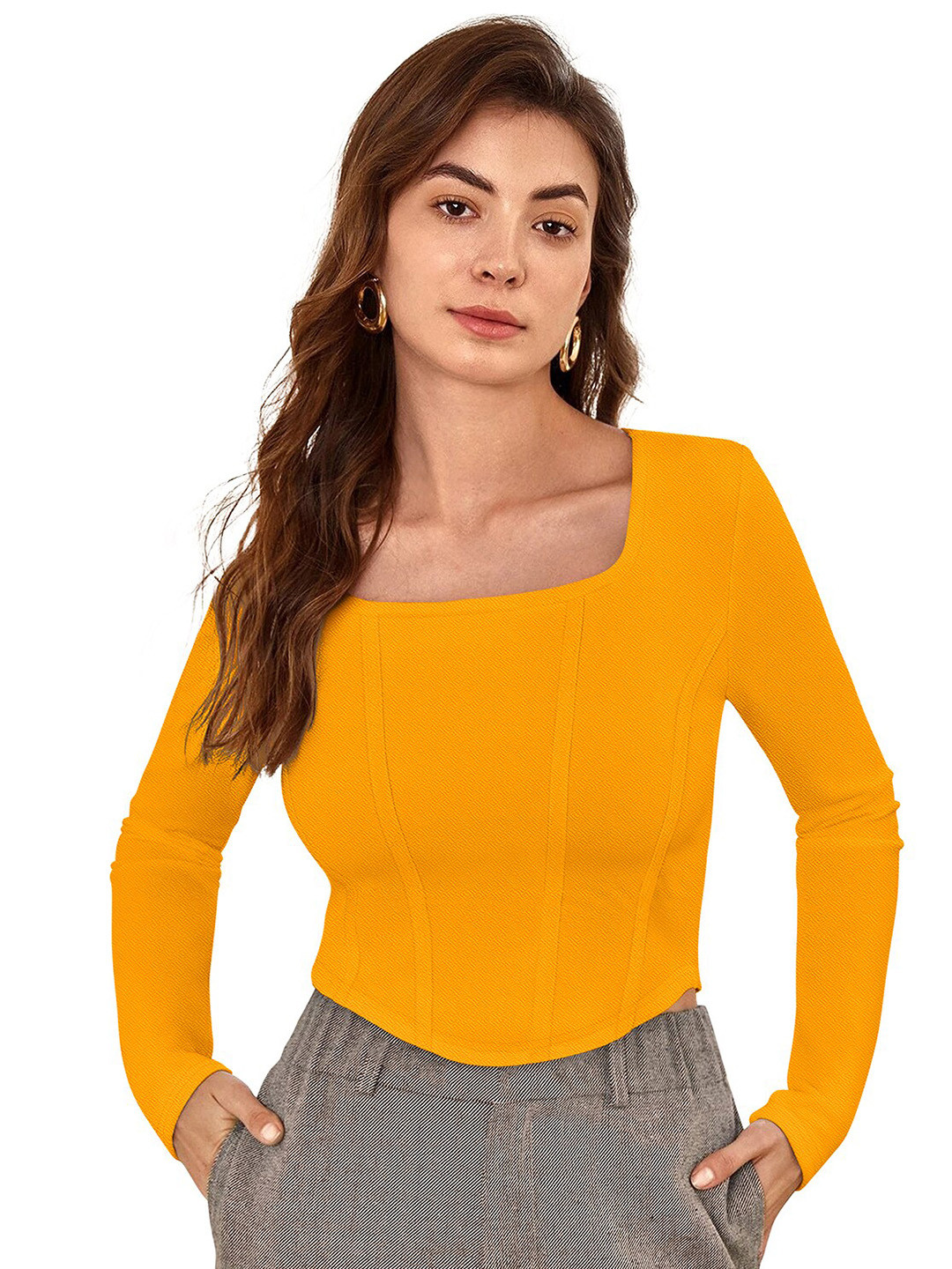 

SANJANA SILK Square Neck Long Sleeves Opaque Fitted Crop Top, Yellow