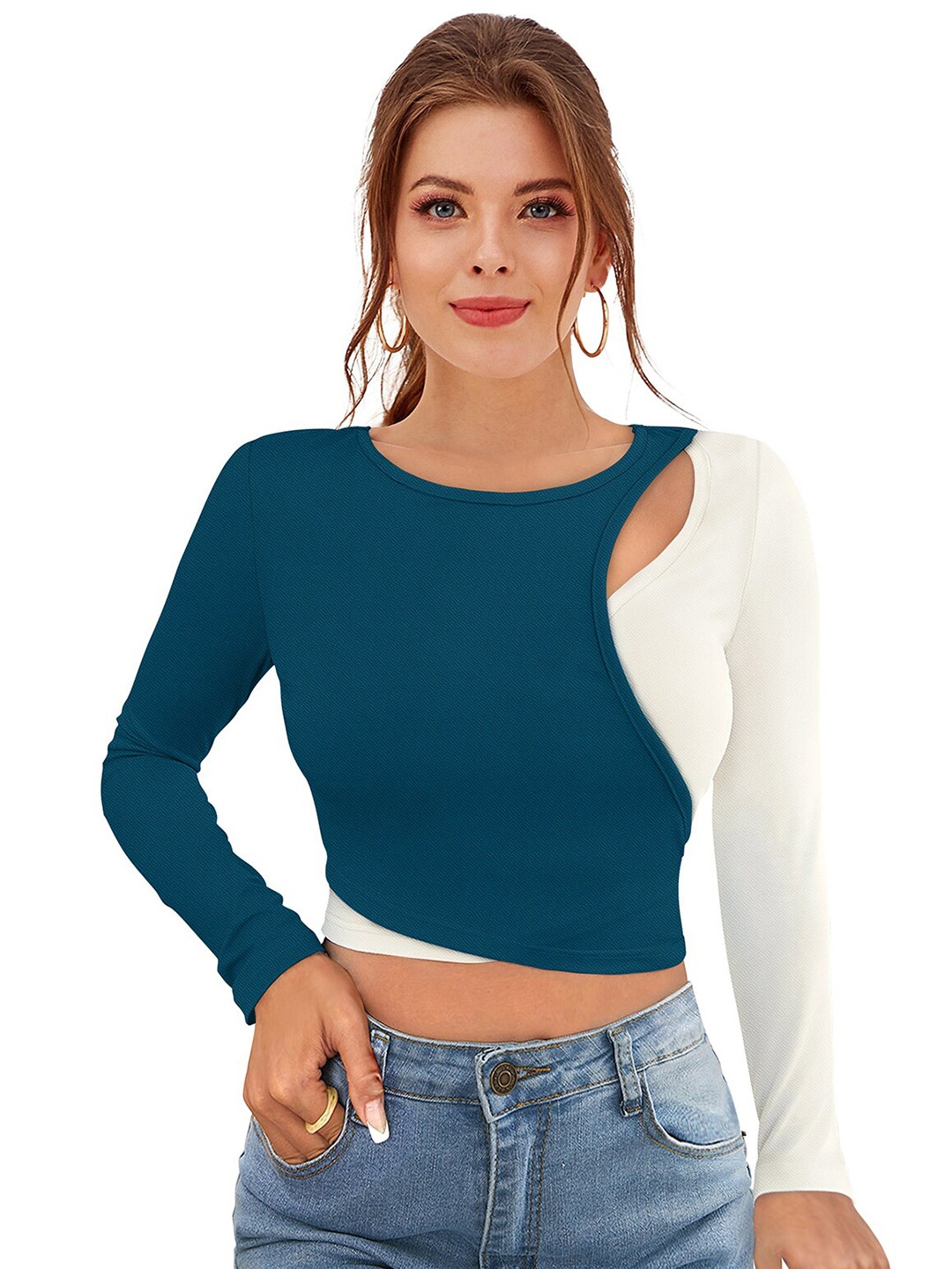 

SANJANA SILK Colourblocked Long Sleeves Cut-Out Crop Fitted Top, Teal