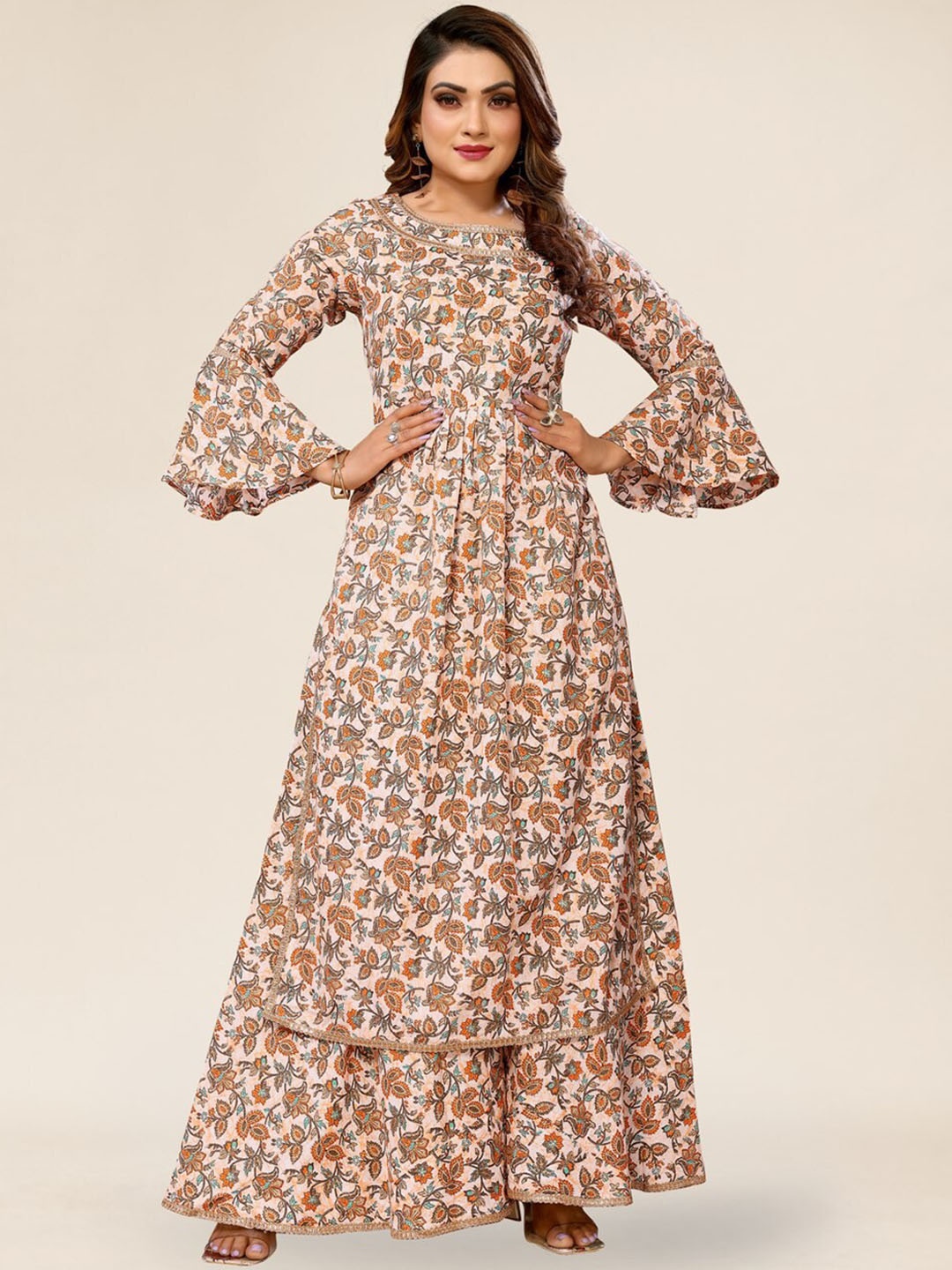 

TITANIUM SILK INDUSTRIES PVT. LTD. Women Floral Printed Regular Kurta With Palazzos, Beige