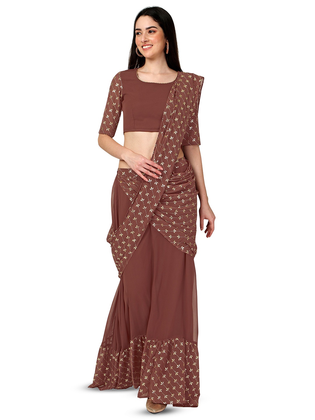 

FAB GALAXY Floral Gotta Patti Poly Georgette Ready to Wear Saree, Brown