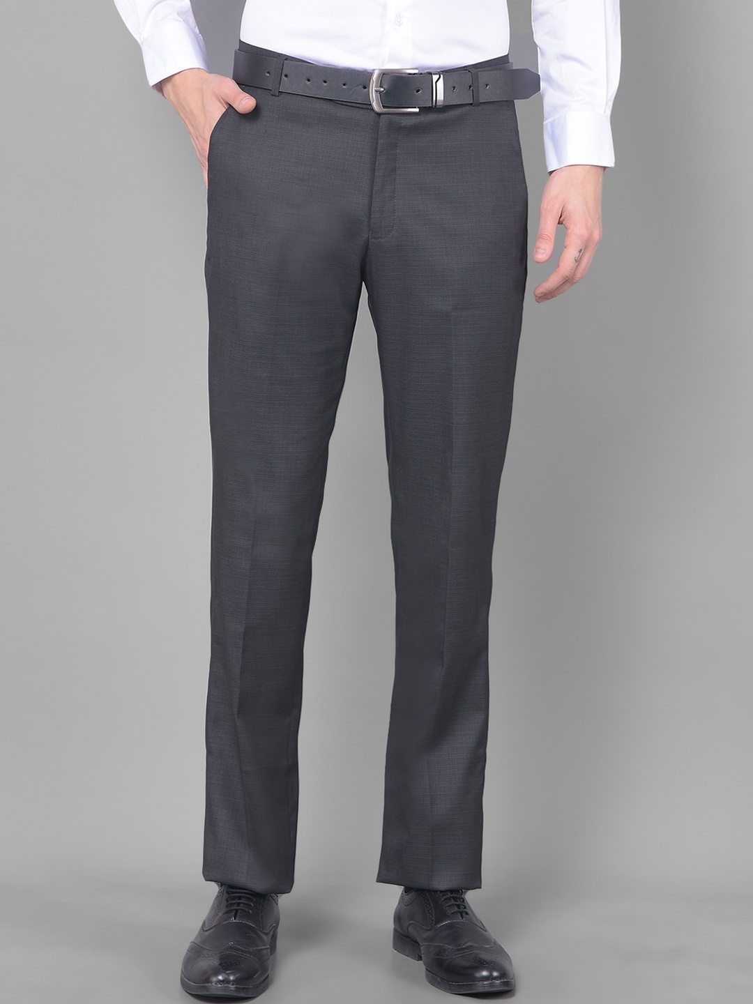 

COBB Men Mid-Rise Plain Cotton Formal Trousers, Grey