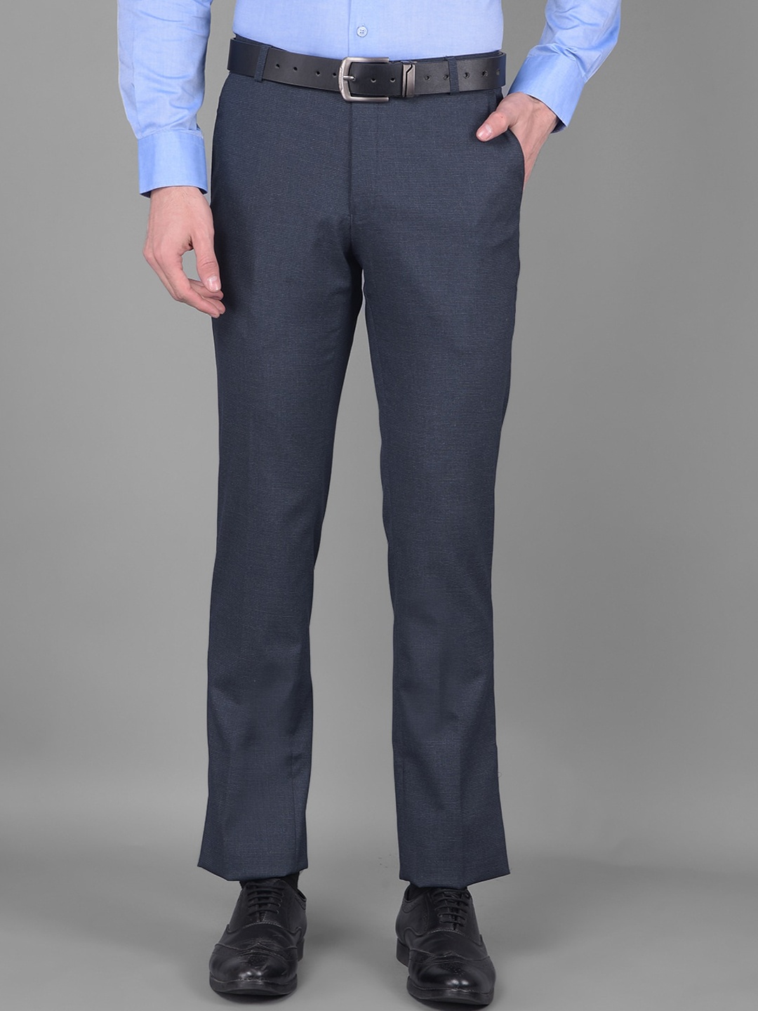 

COBB Men Mid-Rise Plain Cotton Formal Trousers, Grey