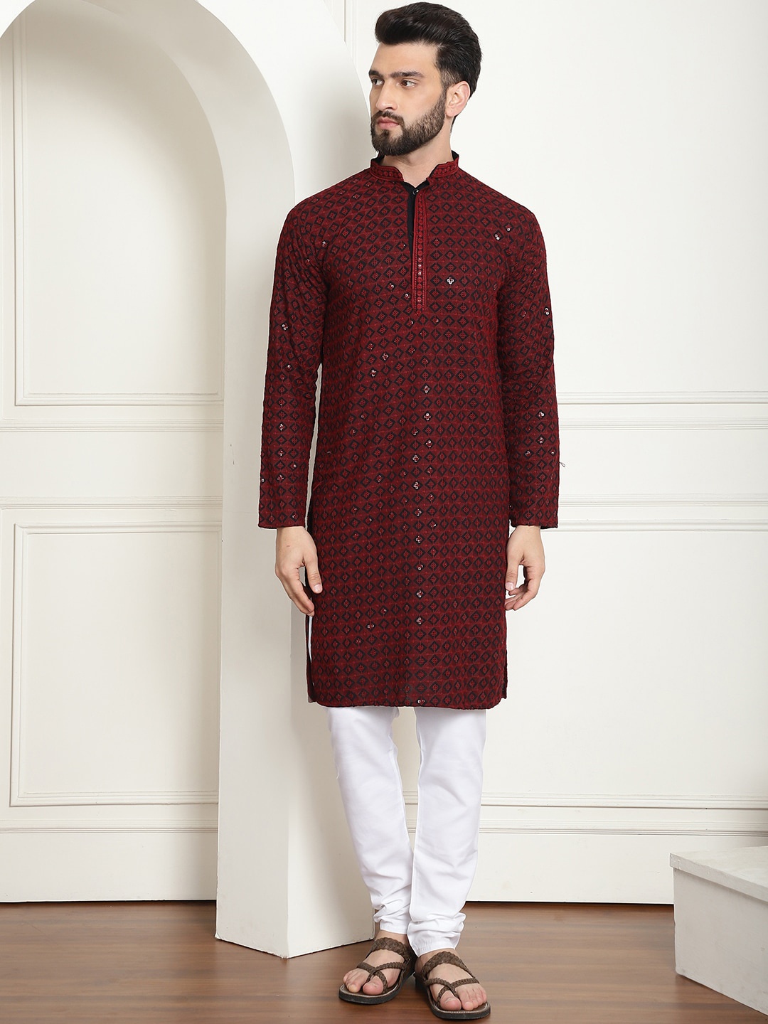 

SOJANYA Embroidered Sequinned Pure Cotton Kurta with Churidar, Maroon
