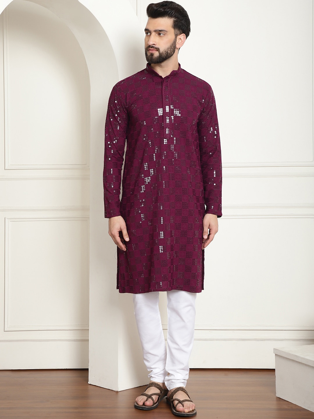 

SOJANYA Geometric Embroidered Sequinned Pure Cotton Kurta with Churidar, Purple