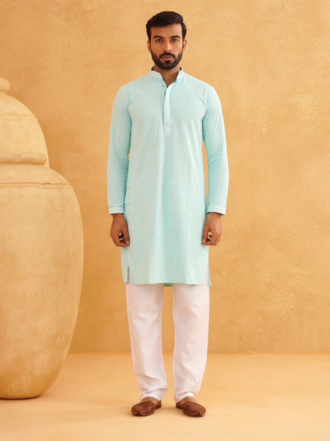 

SOJANYA Geometric Embroidered Thread Work Pure Cotton Kurta with Churidar, Turquoise blue