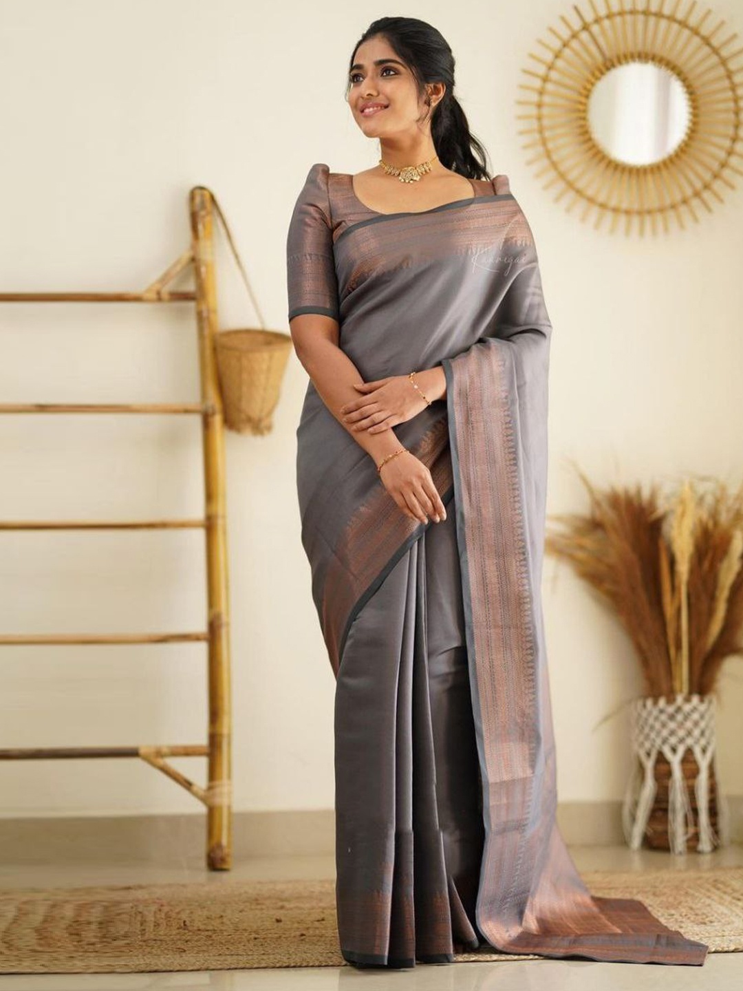 

Naishu Trendz Ethnic Motifs Woven Design Zari Pure Silk Kanjeevaram Saree, Grey