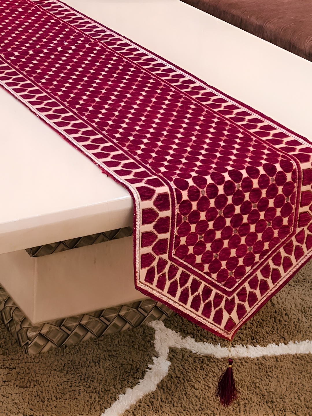 

GROKI Red & Beige Geometric Embroidered Dust Proof Table Runner