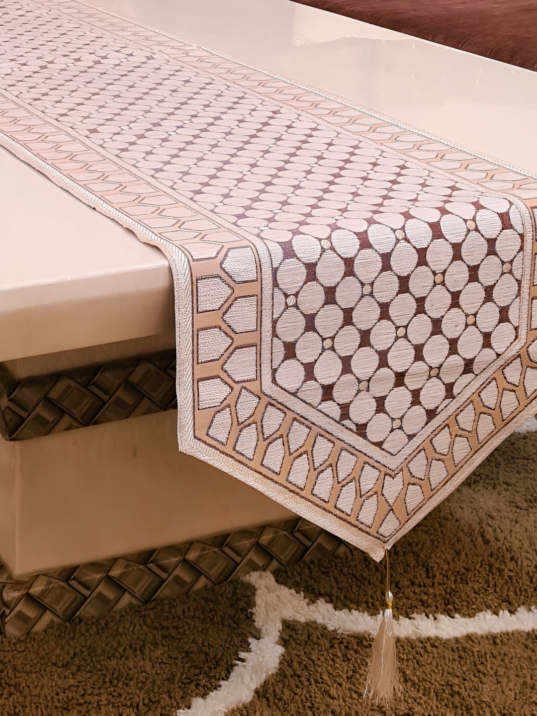 

GROKI Cream & Brown Geometric Embroidered Dust Proof Table Runner