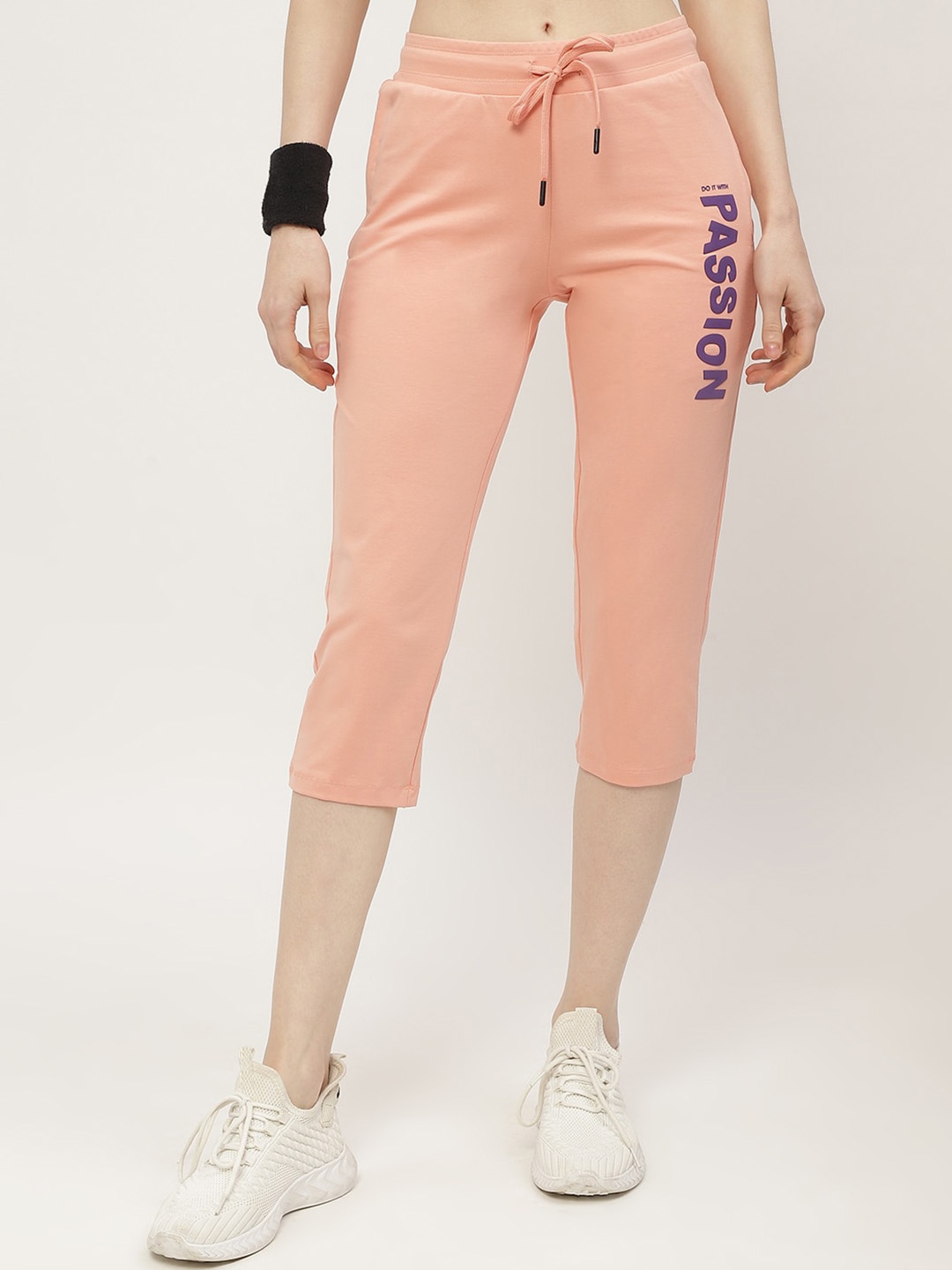 

MADAME M SECRET Women Typography Printed Three-Fourth Length Gym Track Pants, Peach