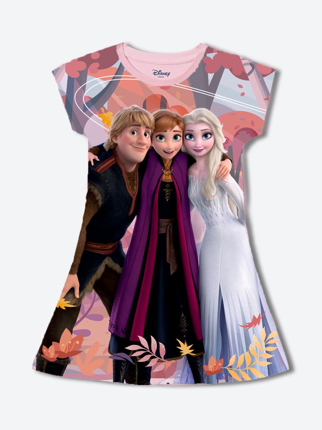

YK Disney Girls Printed Round Neck Short Sleeves A-Line Dress, Pink