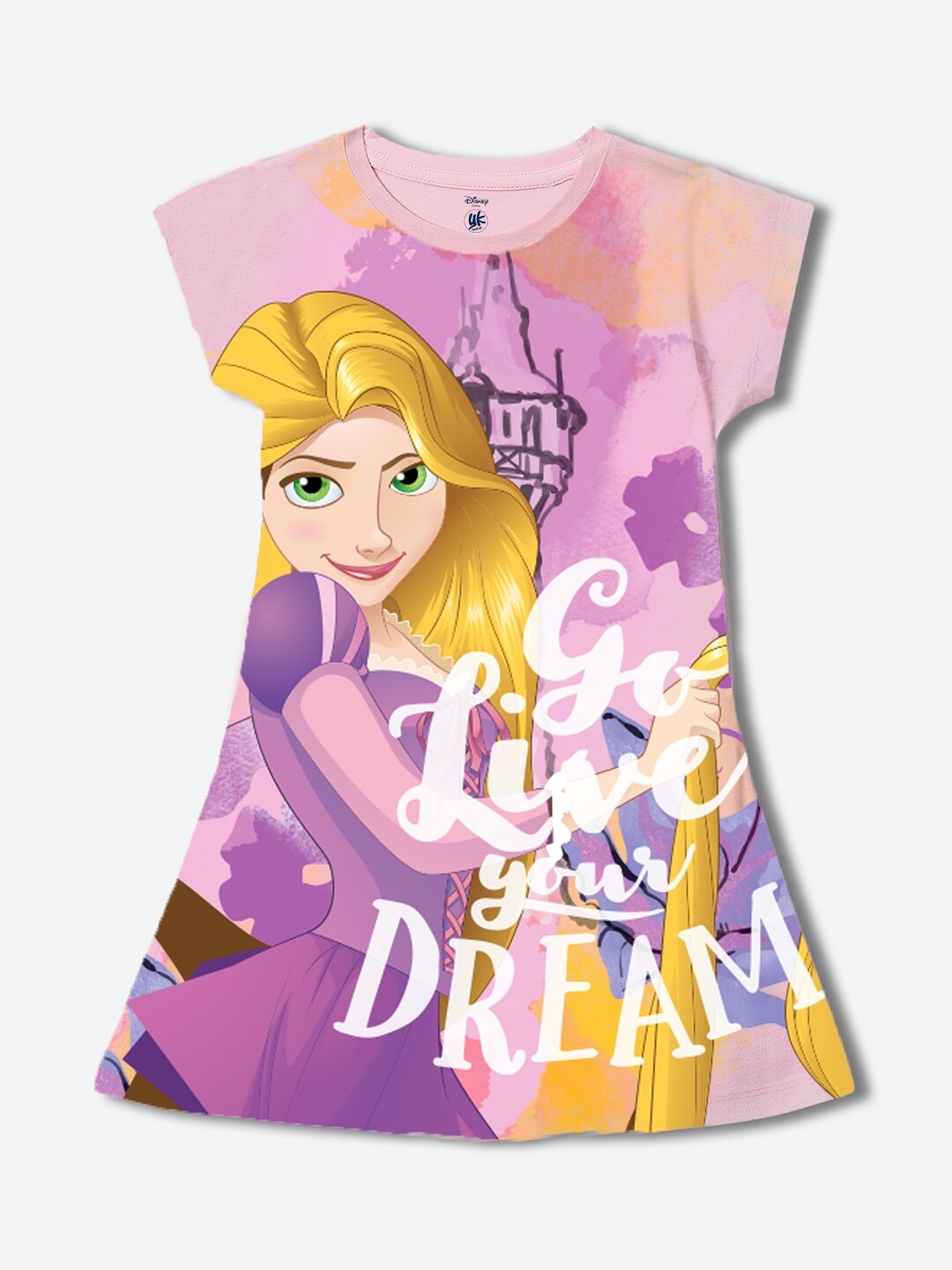 

YK Disney Girls Printed Round Neck Short Sleeves A-Line Dress, Pink