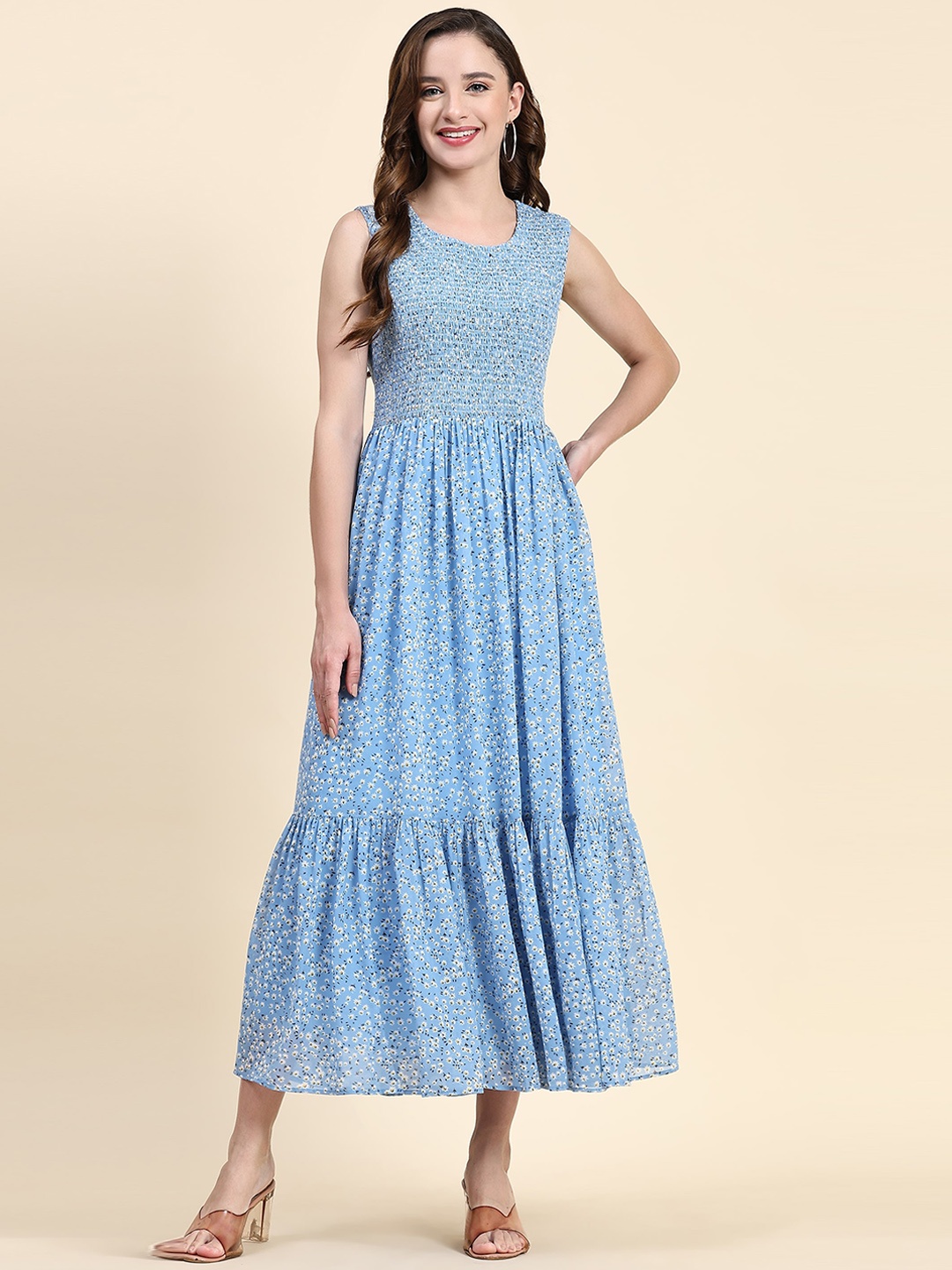 

KALINI Floral Printed Round Neck Fit & Flare Maxi Dress, Blue